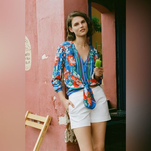 Anthropologie Maeve Elan Scarf-Printed Blouse in Blue Motif 6 NWOT - Picture 2 of 10